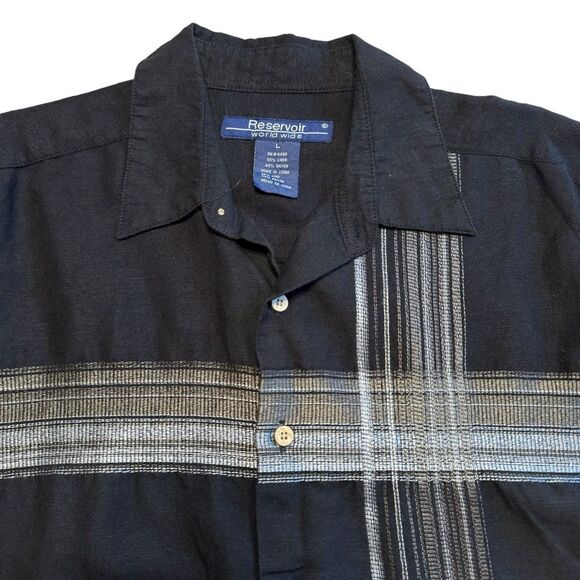 Linen Blend Men's Black Short Sleeve Button Front Shirt Sz Large - Picture 3 of 9